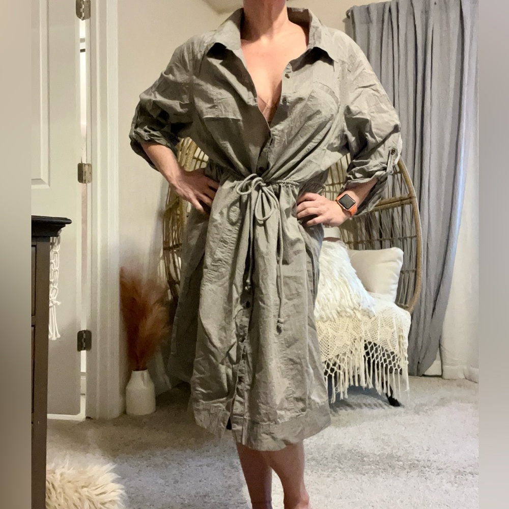Old Navy Olive Green Button-Front Tie-Waist Shirt Dress